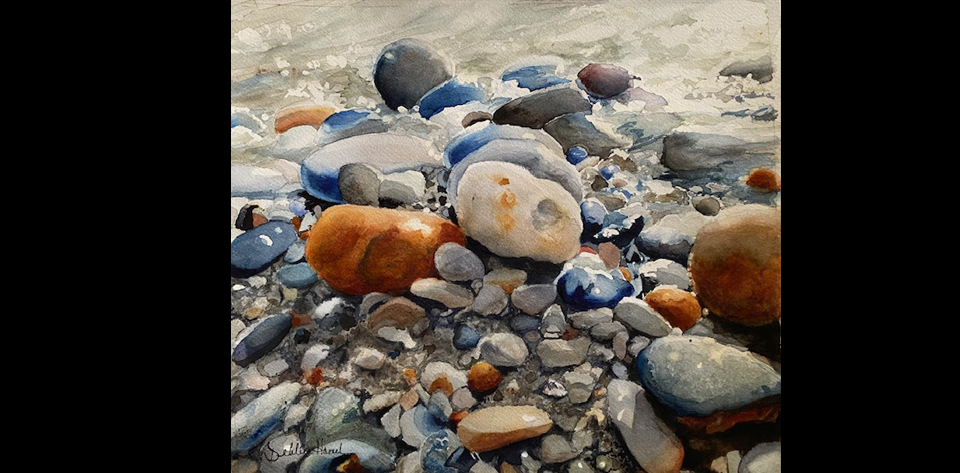 Watercolor Painting of Stones on the Beach
