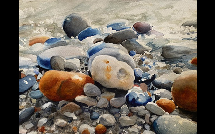 Watercolor Painting of Stones on the Beach